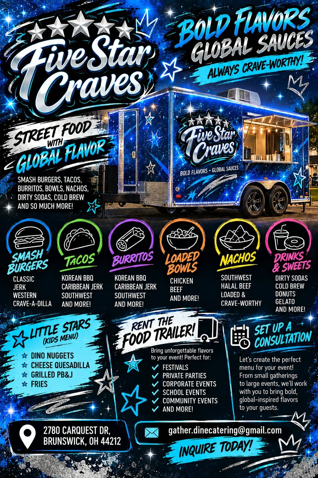 Five Star Craves food trailer rental flyer with menu and event information
