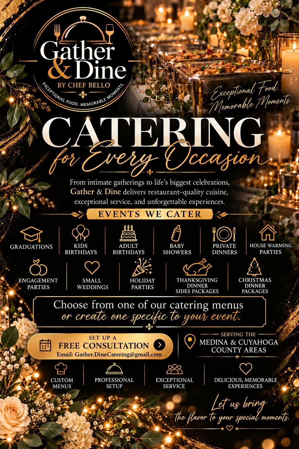 Gather and Dine by Chef Bello catering services flyer