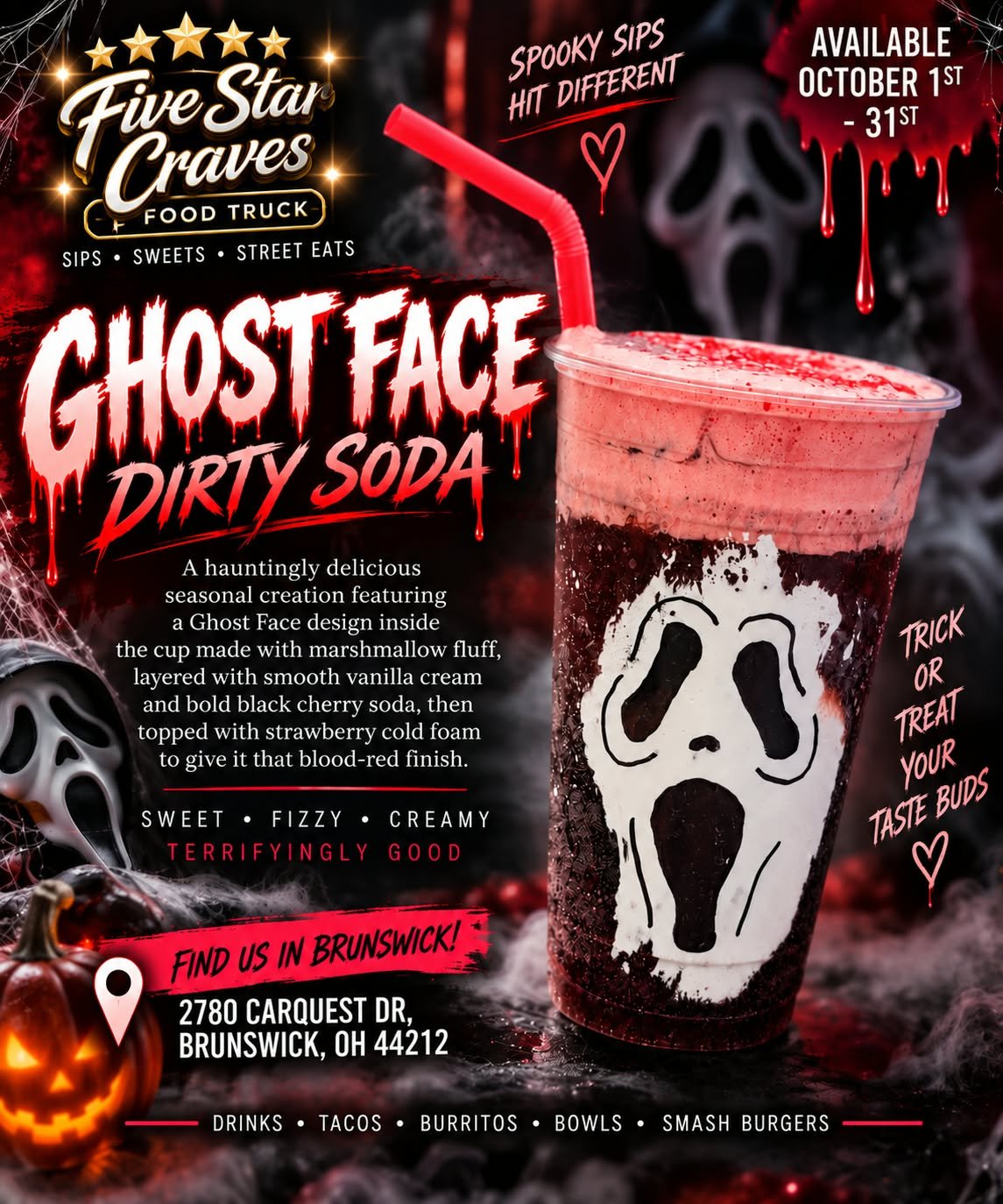 Ghost Face Dirty Soda Halloween special with black cherry soda, vanilla cream and strawberry cold foam